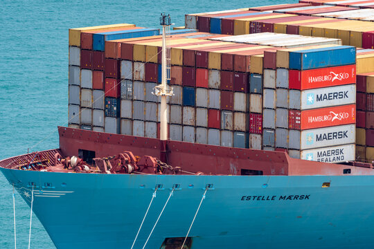 Singapore - March 2020: Maersk Container Ship full of containers.