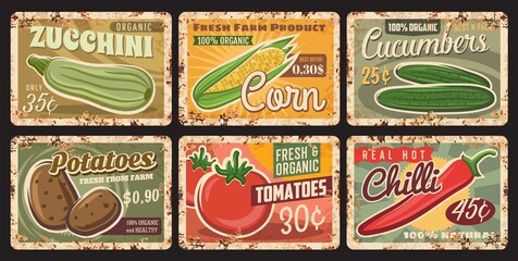 Farm vegetables harvest rusty metal plate. Zucchini, corn and cucumbers, potatoes, tomatoes and chili pepper tin signs. Local organic farm healthy, fresh and natural vegetables vector grungy plates © Vector Tradition