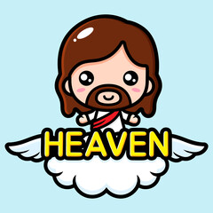 cute cartoon jesus vector design standing on a cloud with heaven inscription