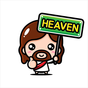 cute cartoon jesus vector design holding a board with heaven inscription