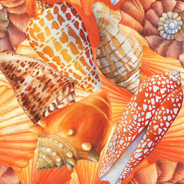 Seamless pattern with underwater life objects - orange and brown sea shells. Watercolor hand drawn painting illustration isolated on orange background.