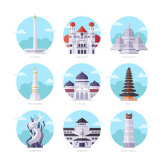 Famous Indonesia Landmarks Flat Illustration