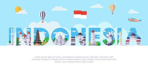 Famous Indonesia Landmarks Flat Illustration