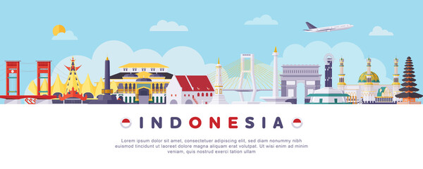 Famous Indonesia Landmarks Flat Illustration - obrazy, fototapety, plakaty