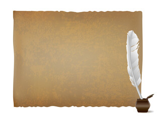 Horizontal ancient papyrus sheet and white feather quill and wooden inkwell. Ancient scroll background