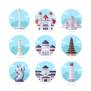 Famous Indonesia Landmarks Flat Illustration
