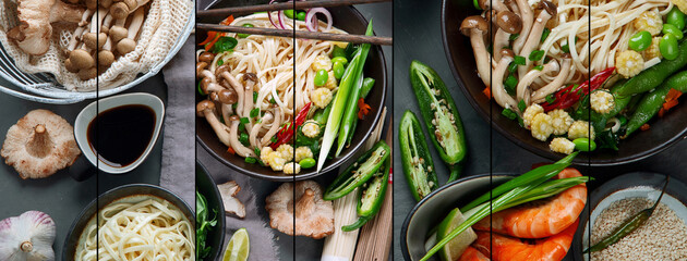 Collage of various asian meals. Asian food concept.
