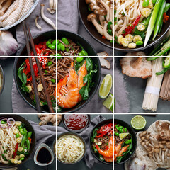 Collage of various asian meals. Asian food concept.