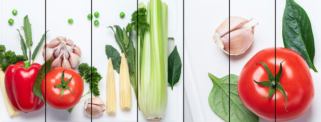 Collage of healthy vegetables  on white cutting board.