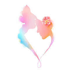 Romantic Valentine lovers silhouette on watercolor background. Love at first sign concept.  Engagement couple. Happy valentine's day
