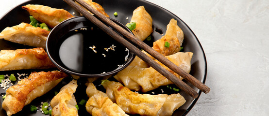 Fried gyoza dumplings with soy sauce and onion on light gray background.