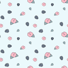 夏 南国の葉っぱと薄ピンクのハイビスカス シームレスパターン 水色背景