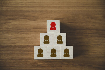 Human resource management and recruitment business concept, Wooden cube block on top pyramid with...