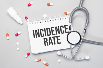 In the notebook is the text incidence rate next to a stethoscope, pills and glasses.