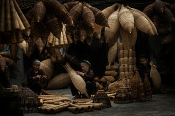 Craftsman making bamboo fish trap at old village, Hung Yen, Vietnam