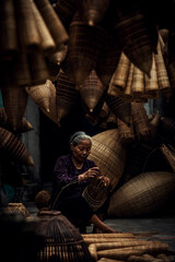 Craftsman making bamboo fish trap at old village, Hung Yen, Vietnam
