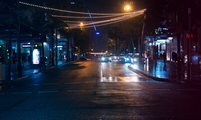 City Streets In The Rain At Night | Lights and Reflections Through Puddles On Street - obrazy, fototapety, plakaty