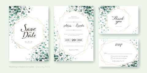Set of greenery wedding Invitation card, save the date, thank you, rsvp template. Watercolor styles.