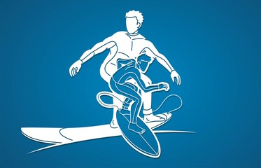 Group of Surfing Sport Men Players Action Cartoon Graphic Vector