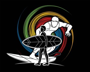 Group of Surfing Sport Men Players Action Cartoon Graphic Vector