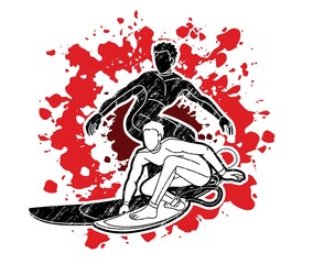 Group of Surfing Sport Men Players Action Cartoon Graphic Vector