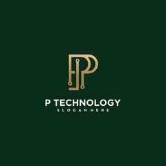 Abstract technology logo letter p set Creative p logo, connected gold color p luxury letter p icon logo