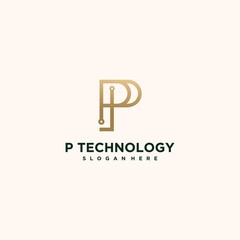 Abstract technology logo letter p set Creative p logo, connected gold color p luxury letter p icon logo