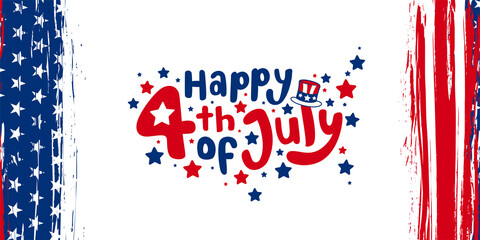 4th of JuHappy 4th of July, country of stars floppy hand-lettering, typography design with American hat on vertical USA grunge flag background. Vector illustration.
