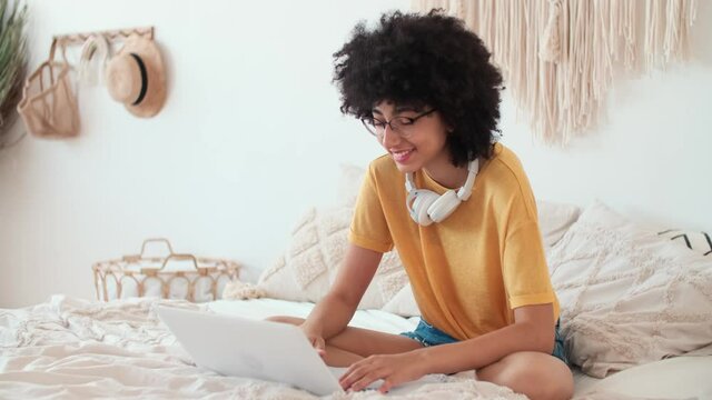 Freelance Woman, Online Learning, Business at Home, Web Meeting. Afro american woman freelancer holding online meeting at home