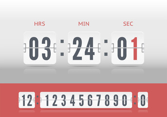 White scoreboard number floating font with reflections on light background. Analog airport board countdown timer with hour and minute flip number. Vintage flip clock time counter vector template.