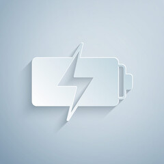 Paper cut Battery icon isolated on grey background. Lightning bolt symbol. Paper art style. Vector