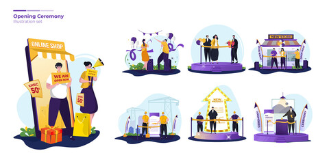 Illustration set about opening ceremony with a ribbon-cutting ceremony