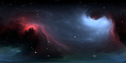 360 Grad interstellare Wolke aus Staub und Gas. Weltraumhintergrund mit Nebel und Sternen. Glühender Nebel, gleichwinklige Projektion, Umgebungskarte. Sphärisches HDRI-Panorama