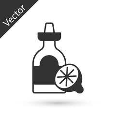 Grey Tequila bottle with lemon icon isolated on white background. Mexican alcohol drink. Vector
