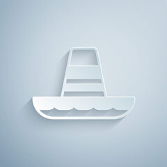 Paper cut Traditional mexican sombrero hat icon isolated on grey background. Paper art style. Vector