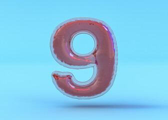 Number 9. Digital sign. Transparent balloon font. 3D illustration