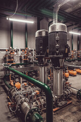 Water pump station and pipeline with tanks in an industrial room