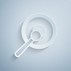 Paper cut Gong musical percussion instrument circular metal disc and hammer icon isolated on grey background. Paper art style. Vector