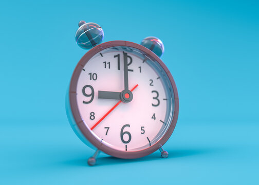 Retro alarm clock on table on blue background. 3D illustator