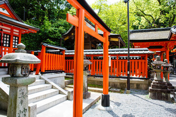 Fushimi Inari Taisha Shrine in Kyoto, Japan with beautiful red gate and japanese garden. Red Torii gates in Fushimi Inari shrine in Kyoto, Japan.