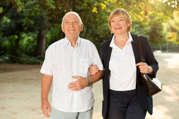 Cheerful senior couple walking in park on sunny summer day