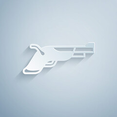 Paper cut Vintage pistols icon isolated on grey background. Ancient weapon. Paper art style. Vector