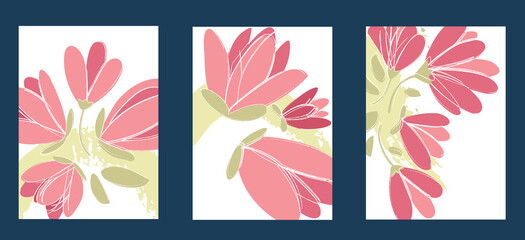 Collection of color posters in flat style. Hand drawn flowers elements. Pink Japanese Camellia, plants and abstract figures on an isolated background for postcards and banners.