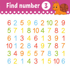 Find number. Education developing worksheet. Activity page with pictures. Game for children. Color isolated vector illustration. Funny character. Cartoon style.