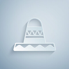 Paper cut Traditional mexican sombrero hat icon isolated on grey background. Paper art style. Vector