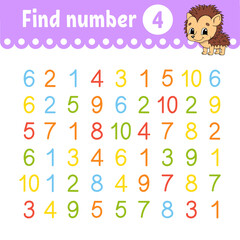 Find number. Education developing worksheet. Activity page with pictures. Game for children. Color isolated vector illustration. Funny character. Cartoon style.