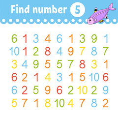Find number. Education developing worksheet. Activity page with pictures. Game for children. Color isolated vector illustration. Funny character. Cartoon style.