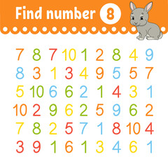 Find number. Education developing worksheet. Activity page with pictures. Game for children. Color isolated vector illustration. Funny character. Cartoon style.