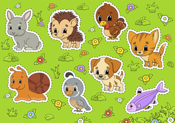 Naklejka premium Set animals. Cute cartoon characters. Pet clipart. Hand drawn. Colorful pack. Vector illustration. Patch badges collection. Label design elements. For daily planner, diary, organizer.