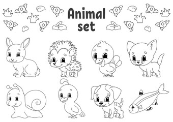 Coloring book for kids. Animal clipart. Cheerful characters. Vector illustration. Cute cartoon style. Black contour silhouette. Isolated on white background.